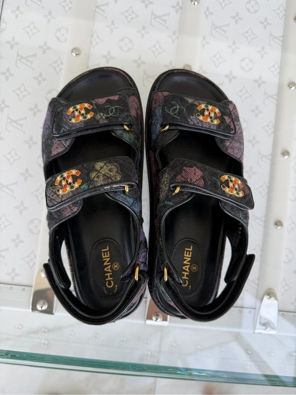 CHANEL 🖤 Interlocking CC Multicolor Denim Dad Sandals Sz 36